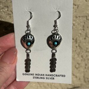 Navajo Handcrafted Sterling Silver Feathers Bear Claw & Turquoise Earrings